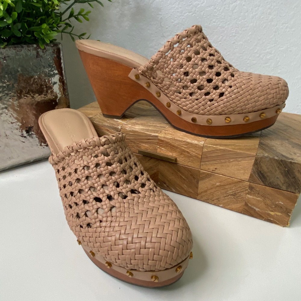 Veronica Beard Hardie Woven Leather Wood Heel‎ Mules Clogs Studded - Size 6